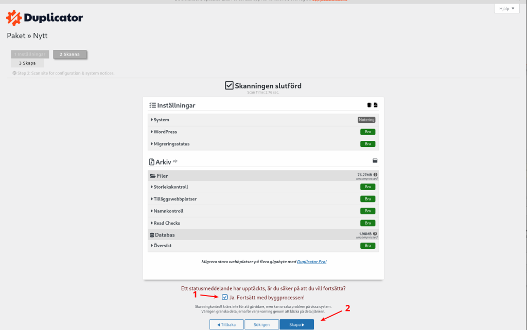 Kontroll i Duplicator och WordPress