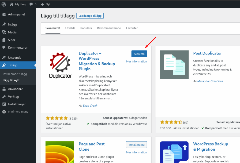Aktivera Dupulicator i WordPress