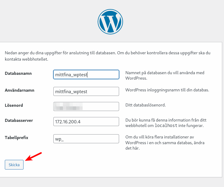 Fyll i databasuppgifterna för ditt webbhotell