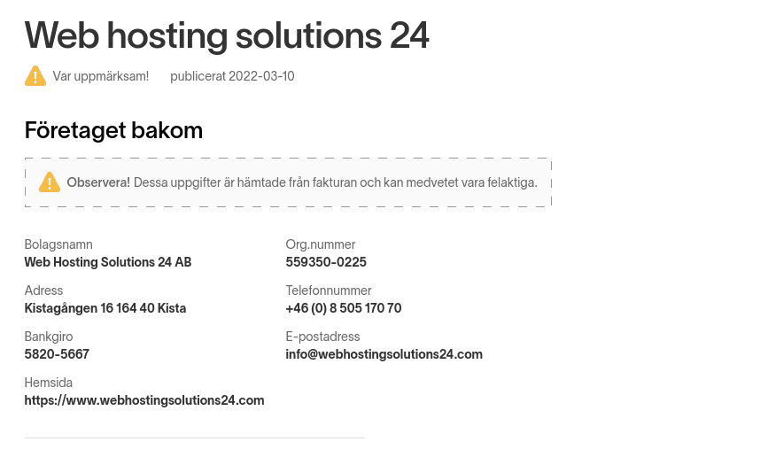 Web Hosting Solutions 24 Svensk Handel varningslista