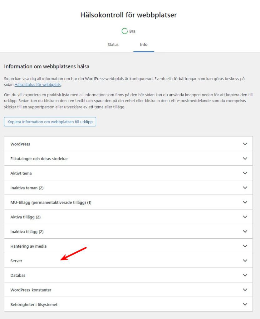 1. Logga in i din WordPress-admin panel, klicka på "Verktyg" och sedan välj "Hälsokontroll för webbplats"