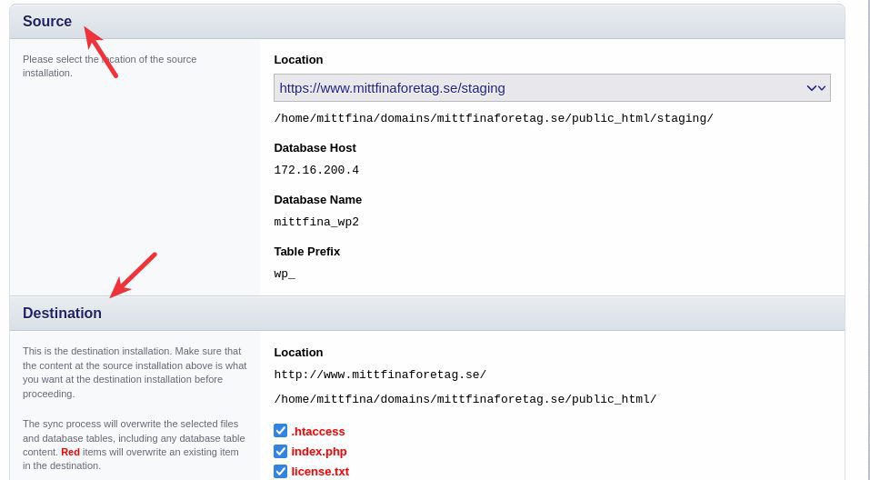 Source och Destination kontrollera först innan du går vidare med att skapa en staging-sajt.