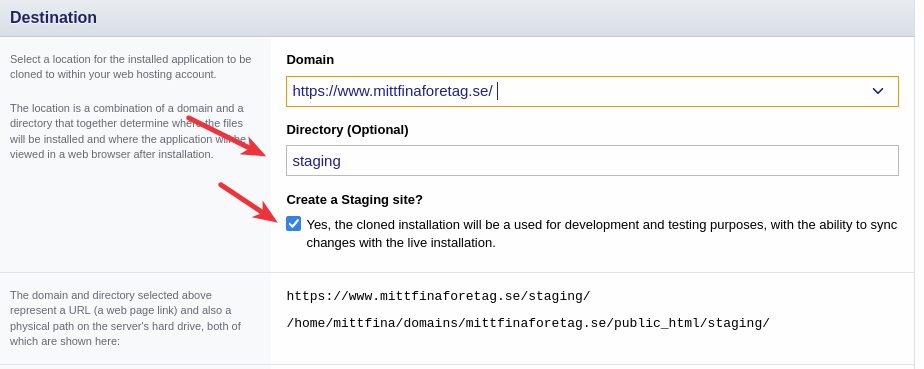 Kryssa i, "Create a staging site"